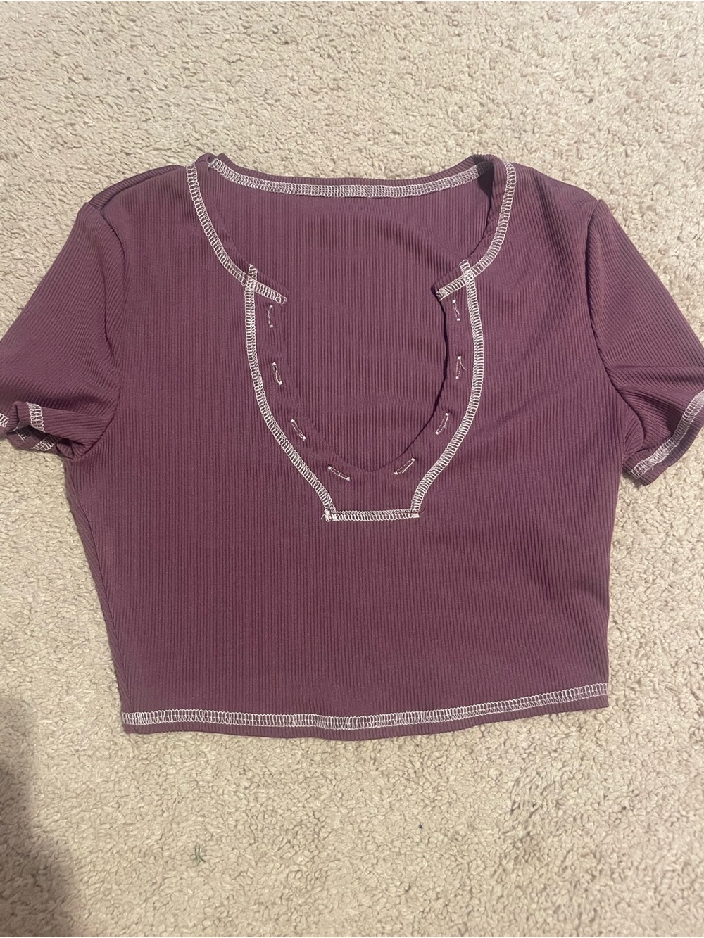 SHEIN Plum Ribbed Contrast Stitch Crop Top